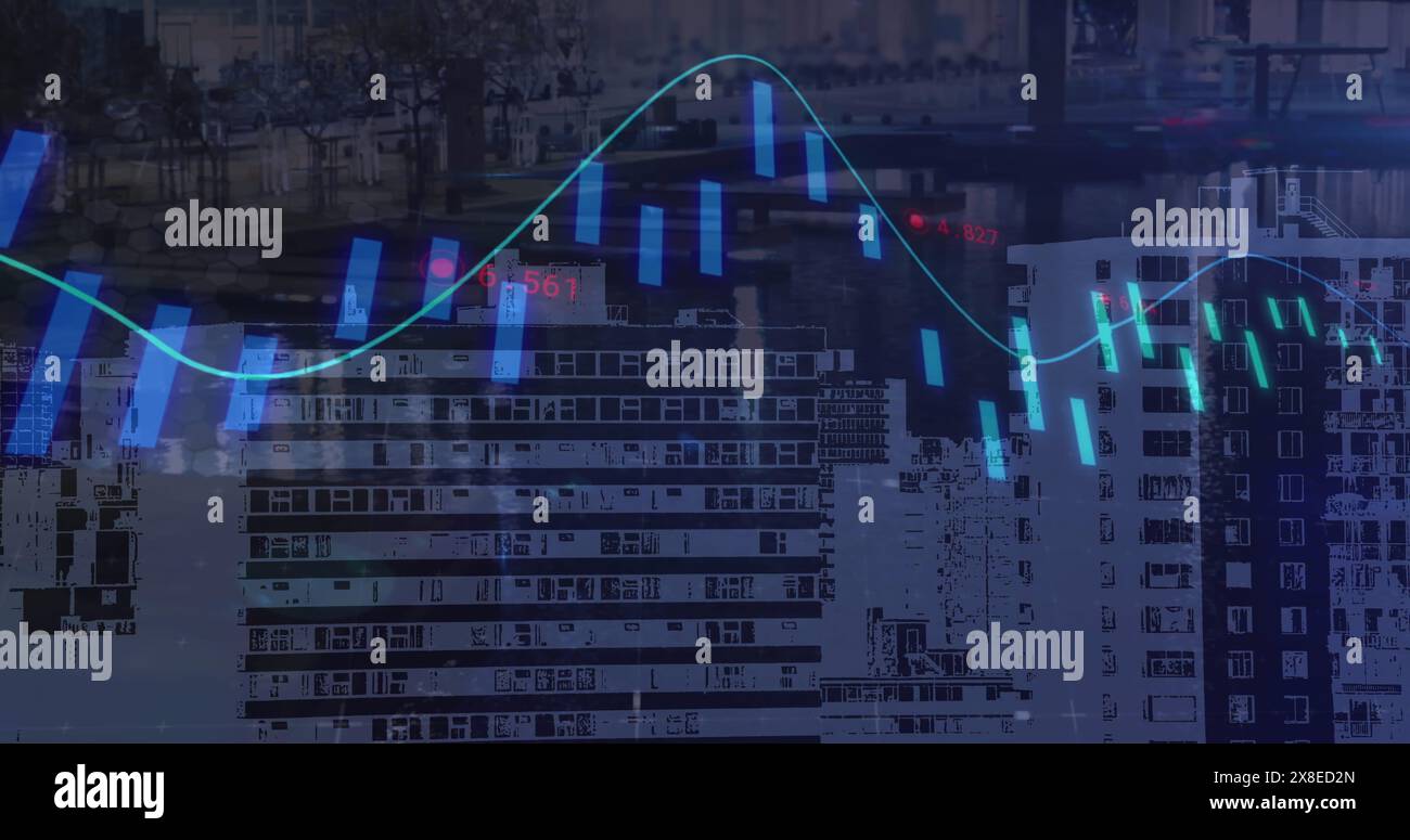 Linea blu del grafico che si sovrappone al paesaggio urbano, visualizzando le tendenze del mercato azionario Foto Stock