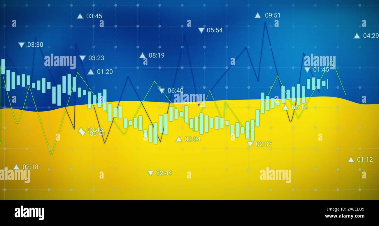 Grafico blu e giallo che mostra le tendenze di mercato nel tempo Foto Stock