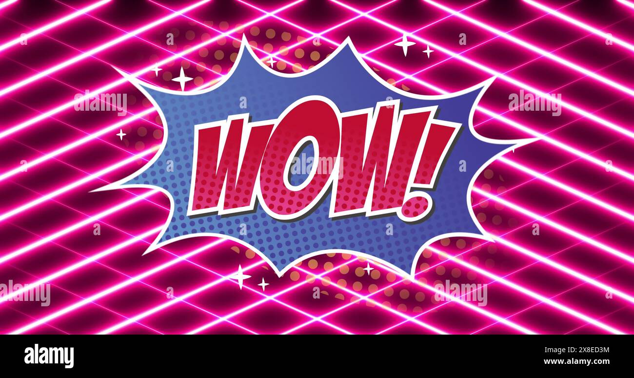 Luci rosa e viola che circondano l'audace WOW! testo in stile fumetto Foto Stock