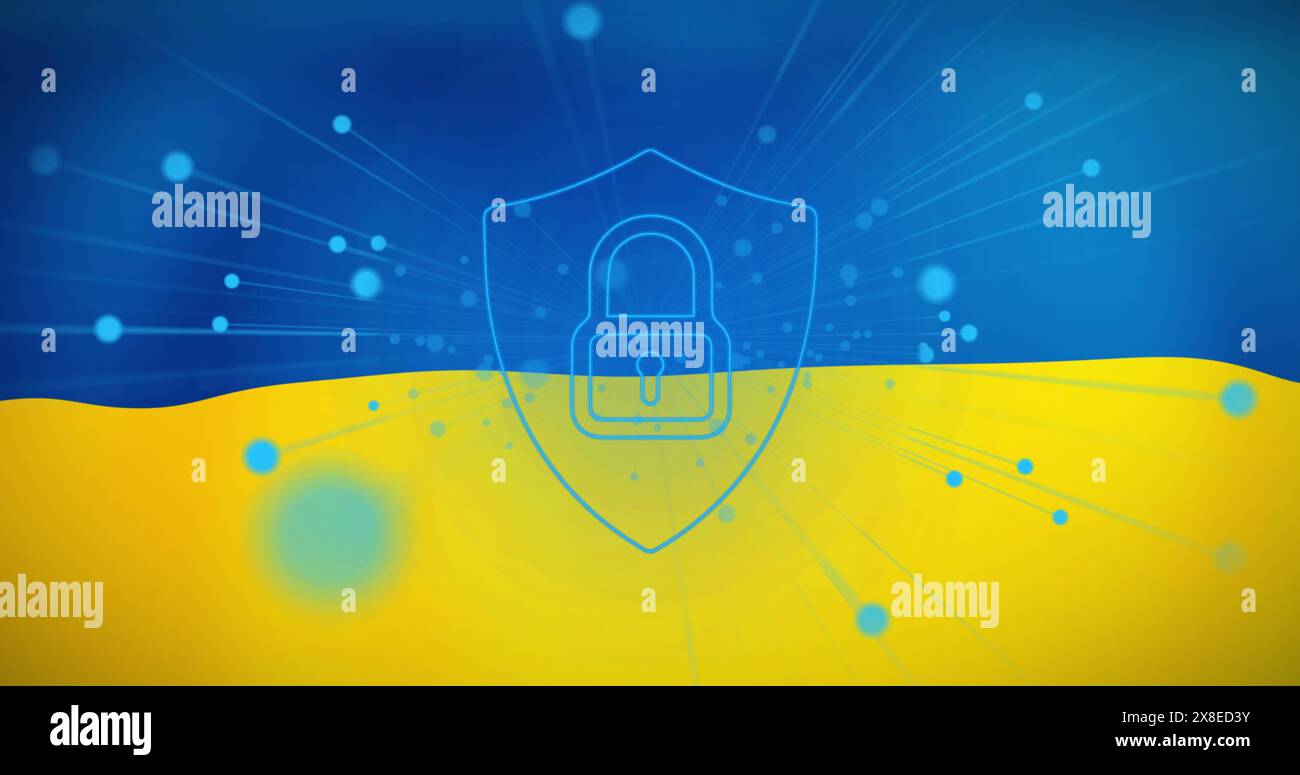 Sfondo blu e giallo con simbolo di blocco digitale Foto Stock