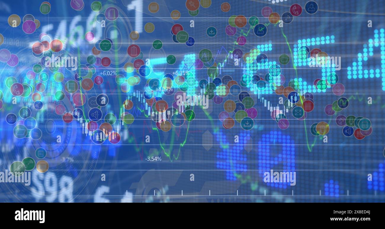 Grafici e numeri colorati sovrapposti a sfocature sullo sfondo del mercato azionario Foto Stock