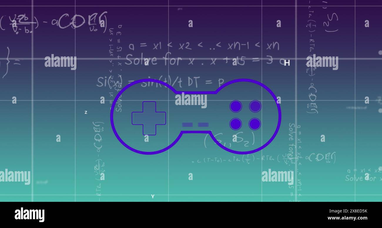 Equazioni matematiche e formule visualizzate su sfondo viola Foto Stock