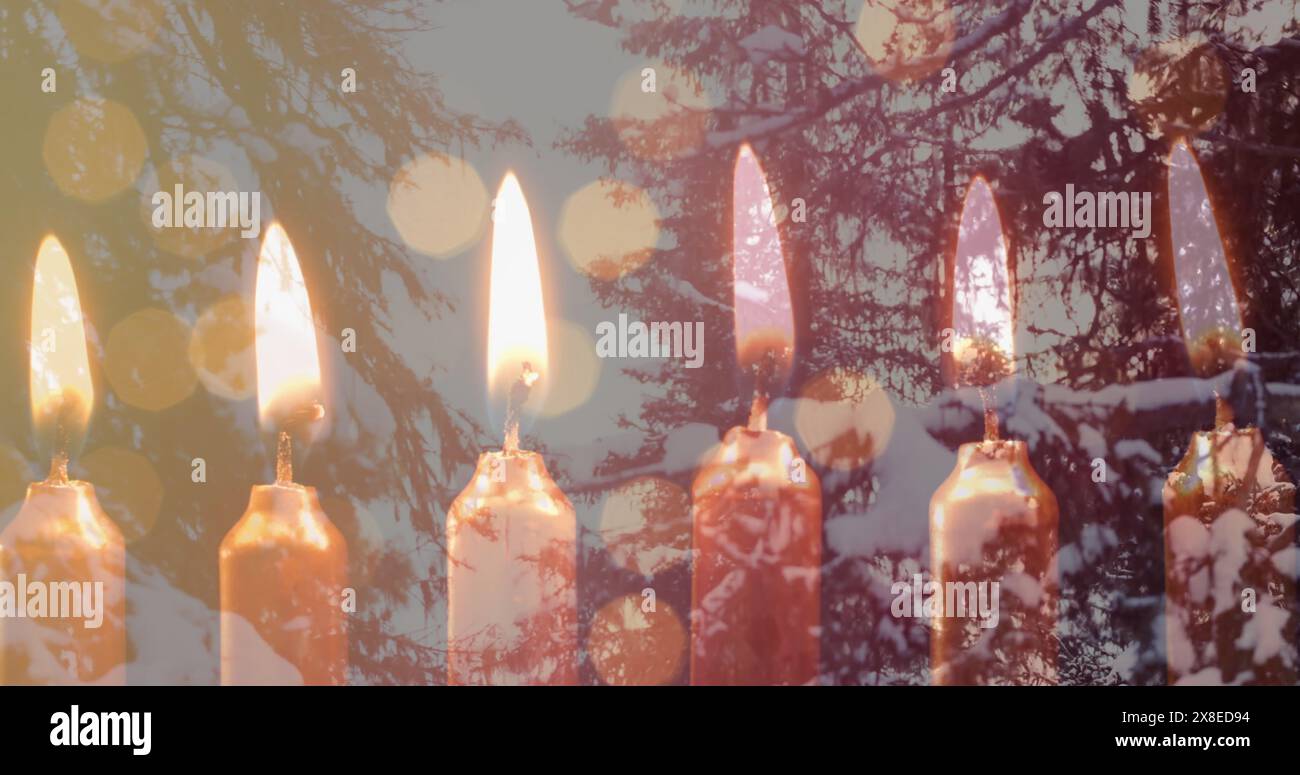 Cinque candele, incastonate tra rami innevati, che brillano calorosamente Foto Stock