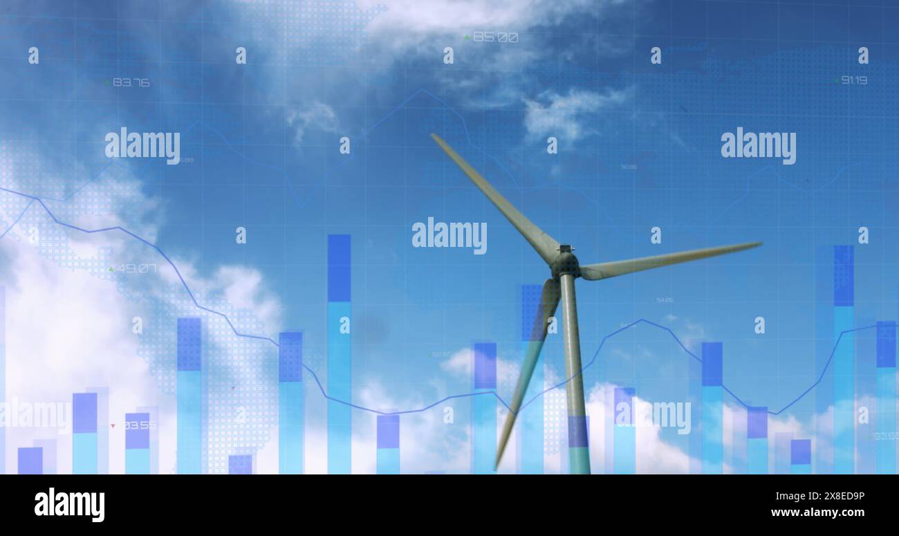 Turbina eolica su sfondo blu, con visualizzazione di grafici di dati Foto Stock