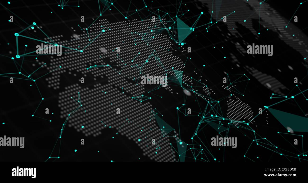 Linee e punti verdi che segnano la mappa digitale del mondo, mostrando le connessioni globali Foto Stock