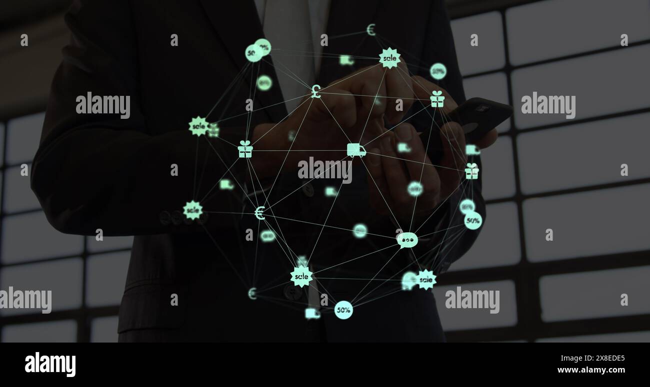 Uomo in tuta che tiene il telefono e si occupa della rete digitale Foto Stock