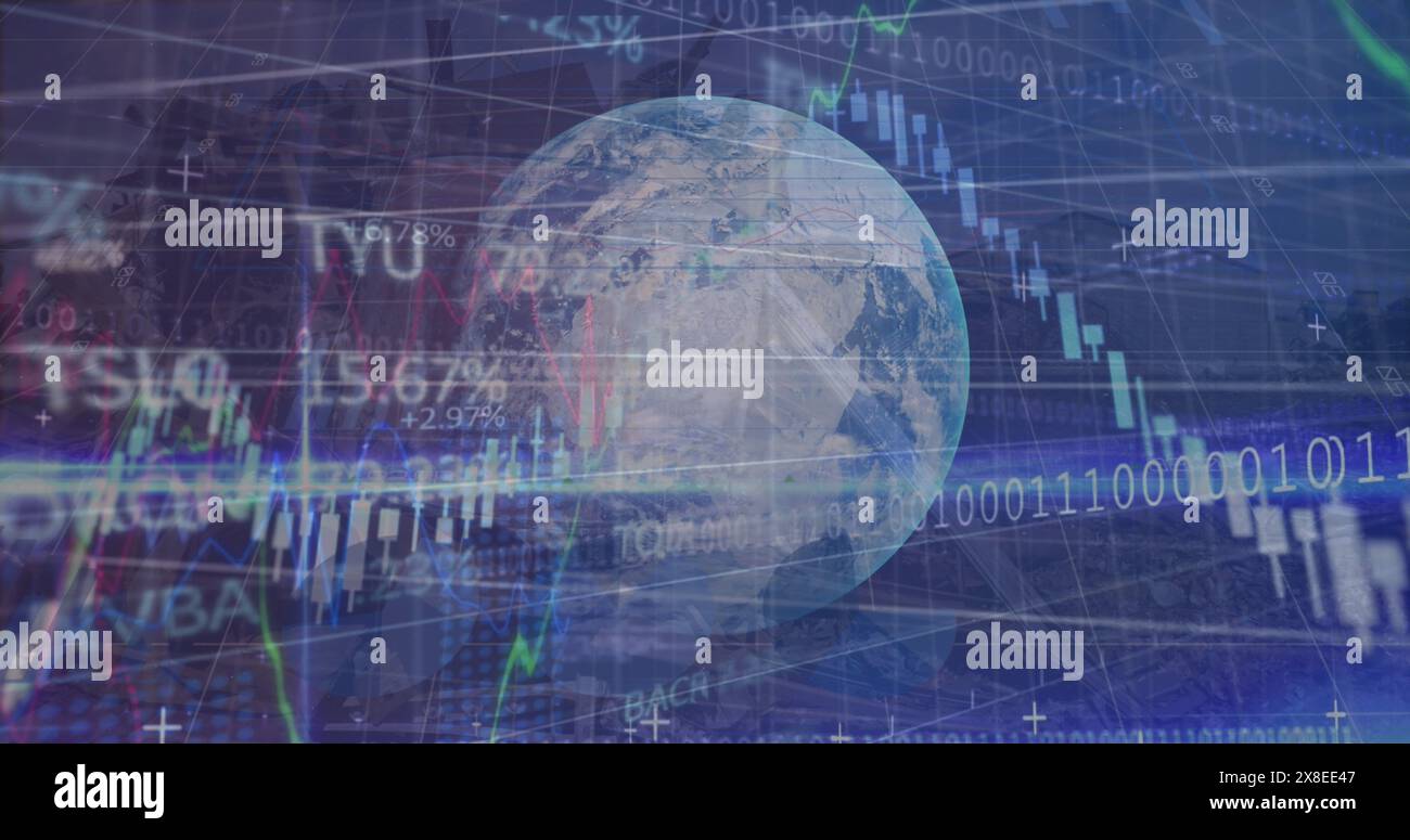 Globo con dati digitali visualizza le tendenze del mercato azionario a livello globale Foto Stock