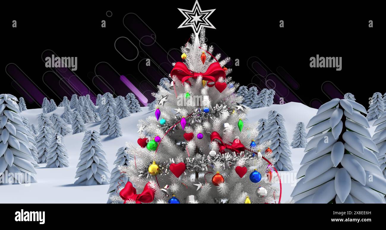 Immagine di un albero di natale bianco sul paesaggio invernale su sentieri di luce viola su sfondo nero Foto Stock
