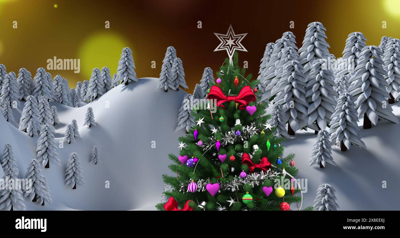 Immagine di un albero di natale decorato sul paesaggio invernale con macchie di luce gialle Foto Stock