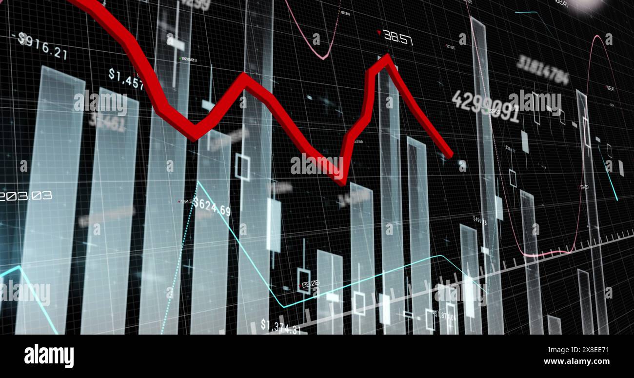 Immagine di grafico in caduta su numeri crescenti e più grafici su sfondo nero Foto Stock