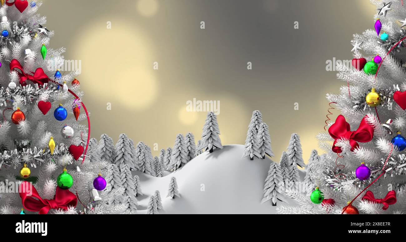 Immagine di due icone bianche dell'albero di natale sopra il paesaggio invernale contro macchie di luce Foto Stock