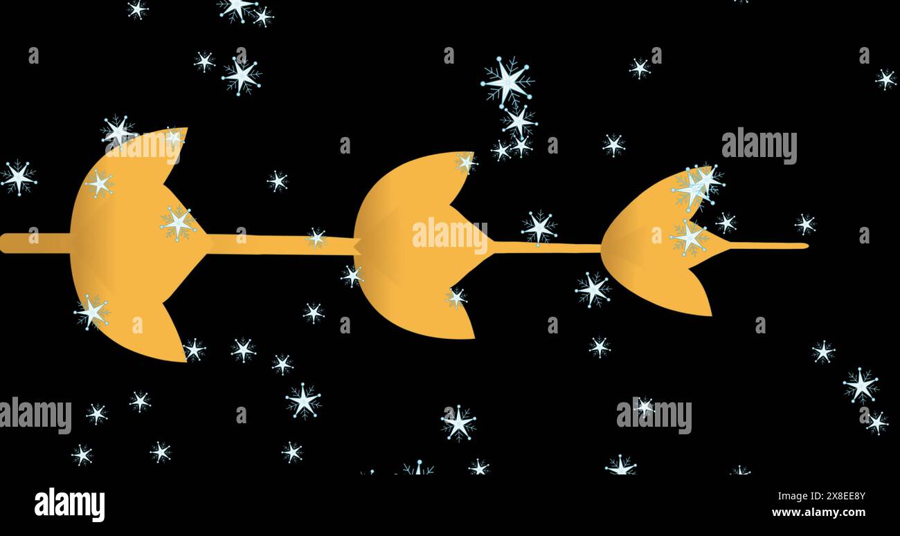 Un'immagine digitale di una scena natalizia colorata e commovente con fiocchi di neve che cadono contro un dorso nero Foto Stock