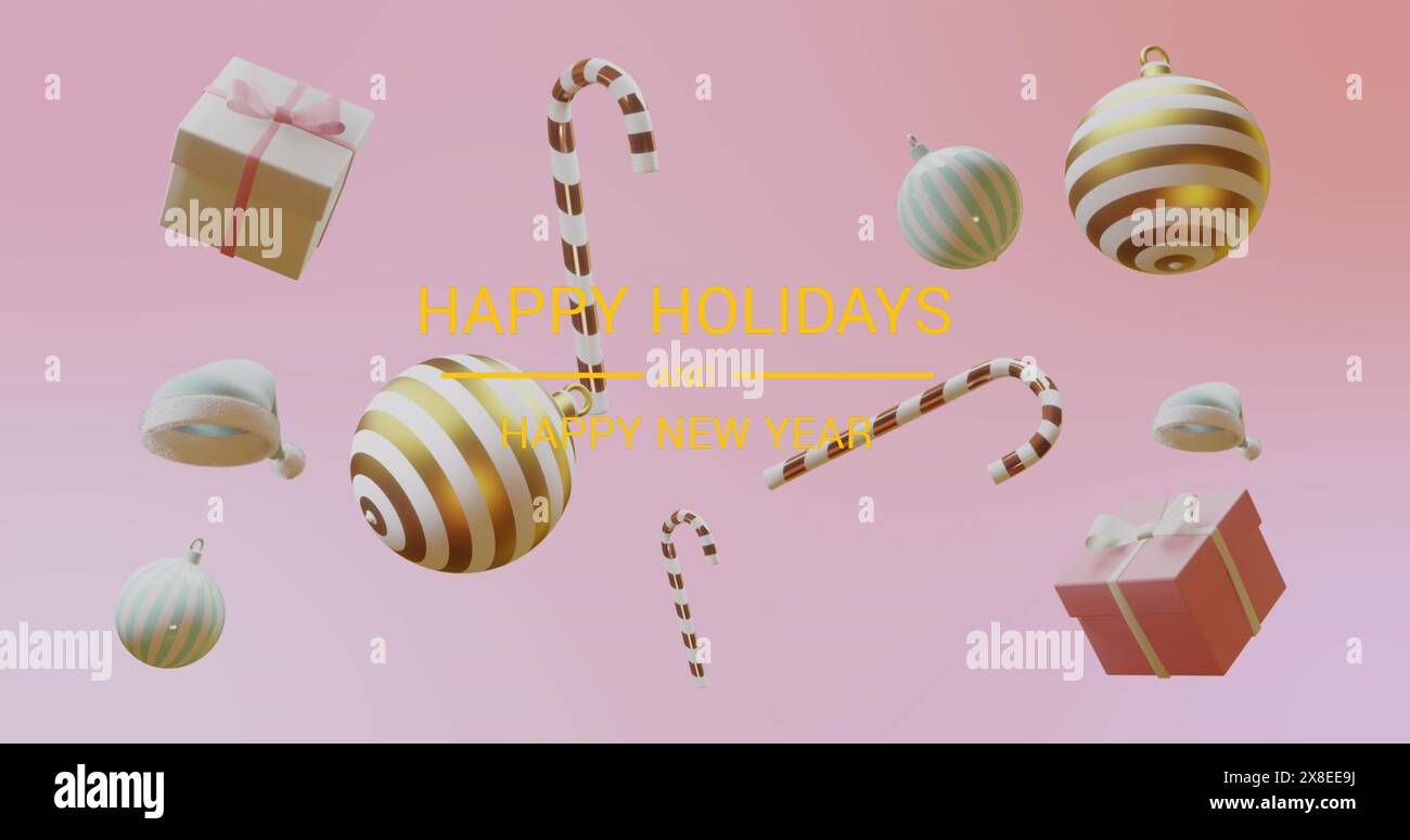 Immagine del testo dei saluti natalizi sulle decorazioni natalizie su sfondo rosa Foto Stock