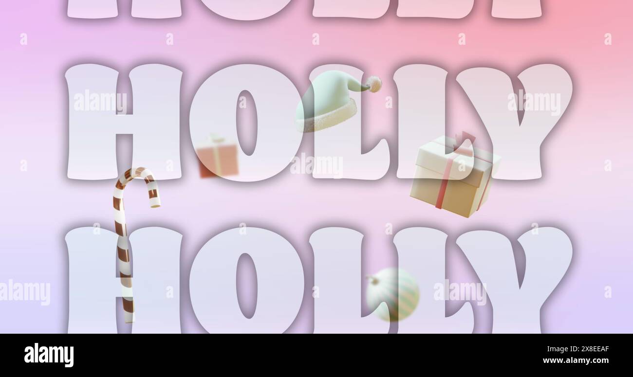 Immagine del testo dei saluti natalizi sulle decorazioni natalizie su sfondo rosa Foto Stock