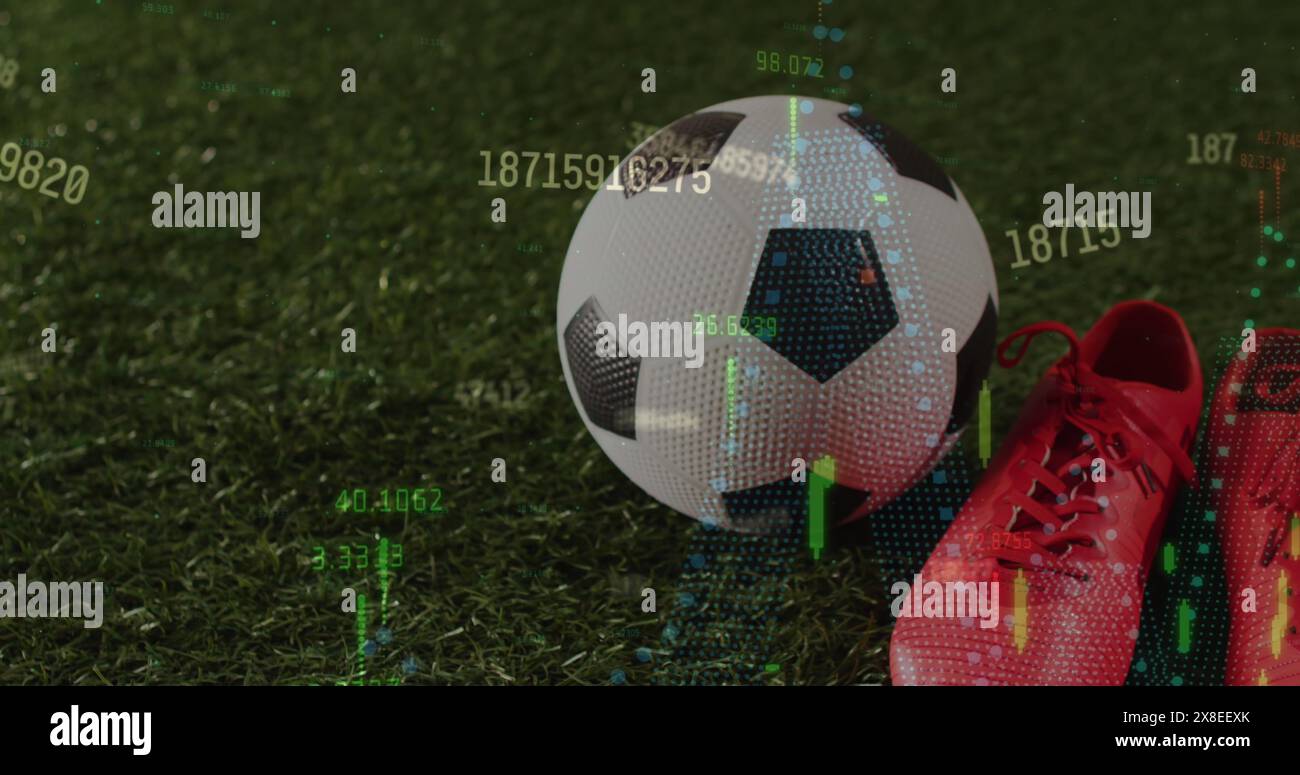 Immagine dell'elaborazione dei dati su scarpe sportive e calcio Foto Stock