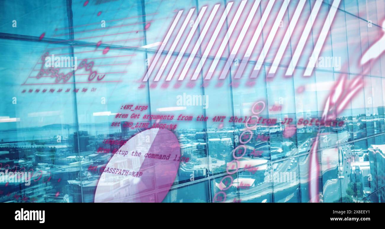 Immagine del linguaggio informatico, del globo, grafici sopra la vista aerea del paesaggio urbano contro il cielo nuvoloso Foto Stock