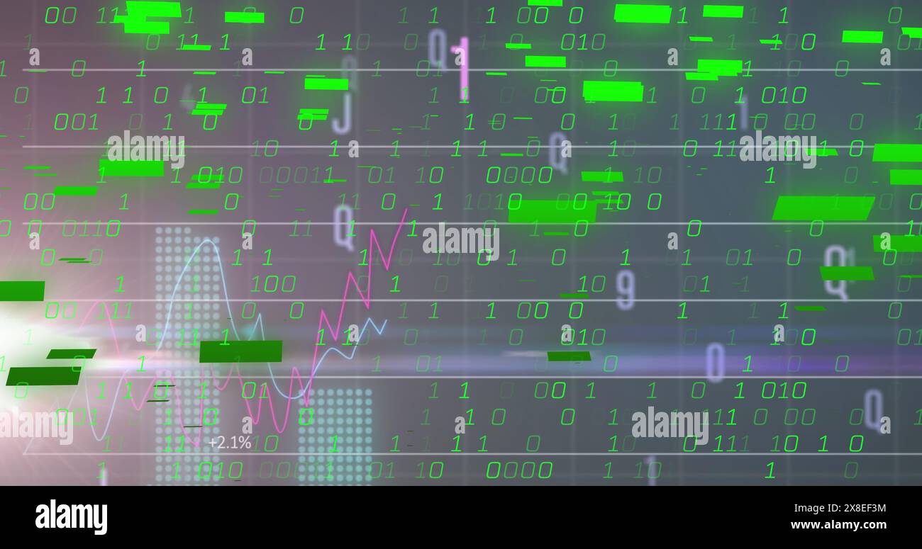 Immagine dell'elaborazione dei dati statistici, modifica di numeri e alfabeti su sfondo grigio Foto Stock