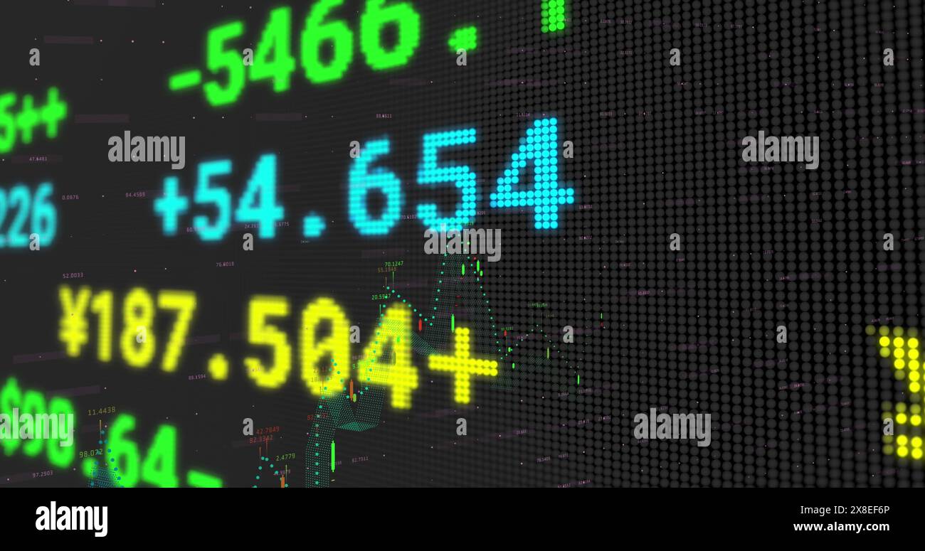 Immagine dell'elaborazione dei dati finanziari e dei mercati azionari su sfondo nero Foto Stock