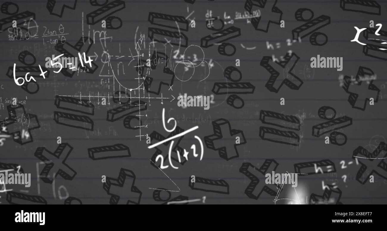 Immagine di equazioni matematiche e simboli su sfondo bianco Foto Stock