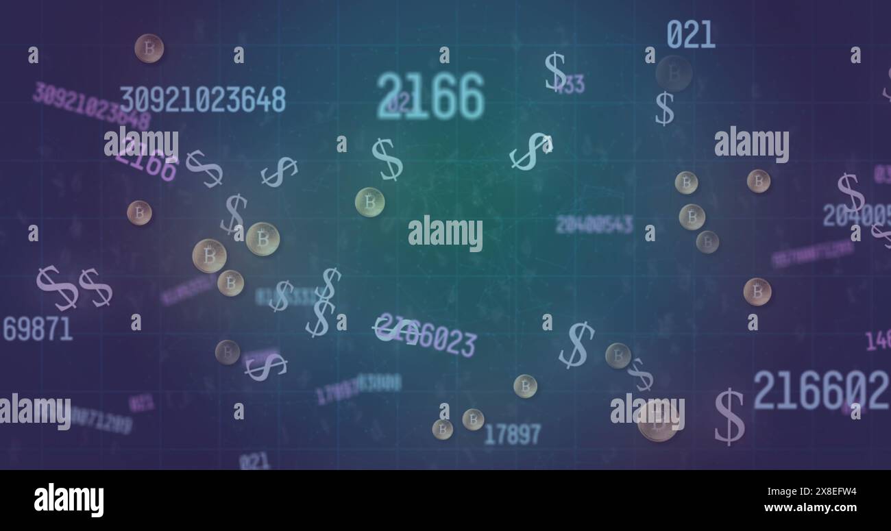 Immagine di numeri che cambiano rispetto ai simboli del dollaro e ai bitcoin su sfondo astratto Foto Stock