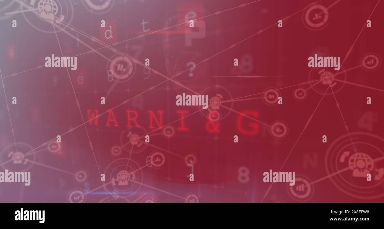 Immagine di icone collegate su testi, lettere, simboli e numeri su sfondo astratto Foto Stock