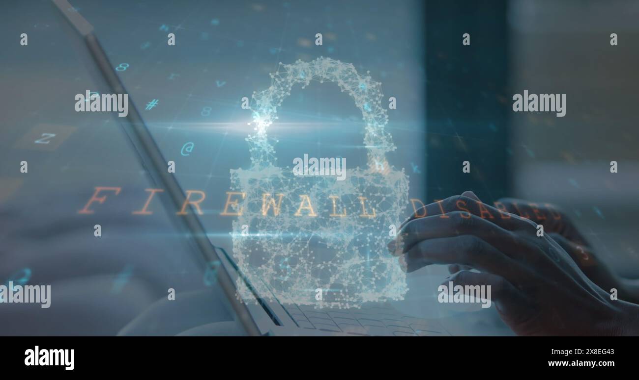 Immagine di lucchetto, nuvola, testi, lettere, simboli, mani tagliate di uomo caucasico usando un laptop Foto Stock