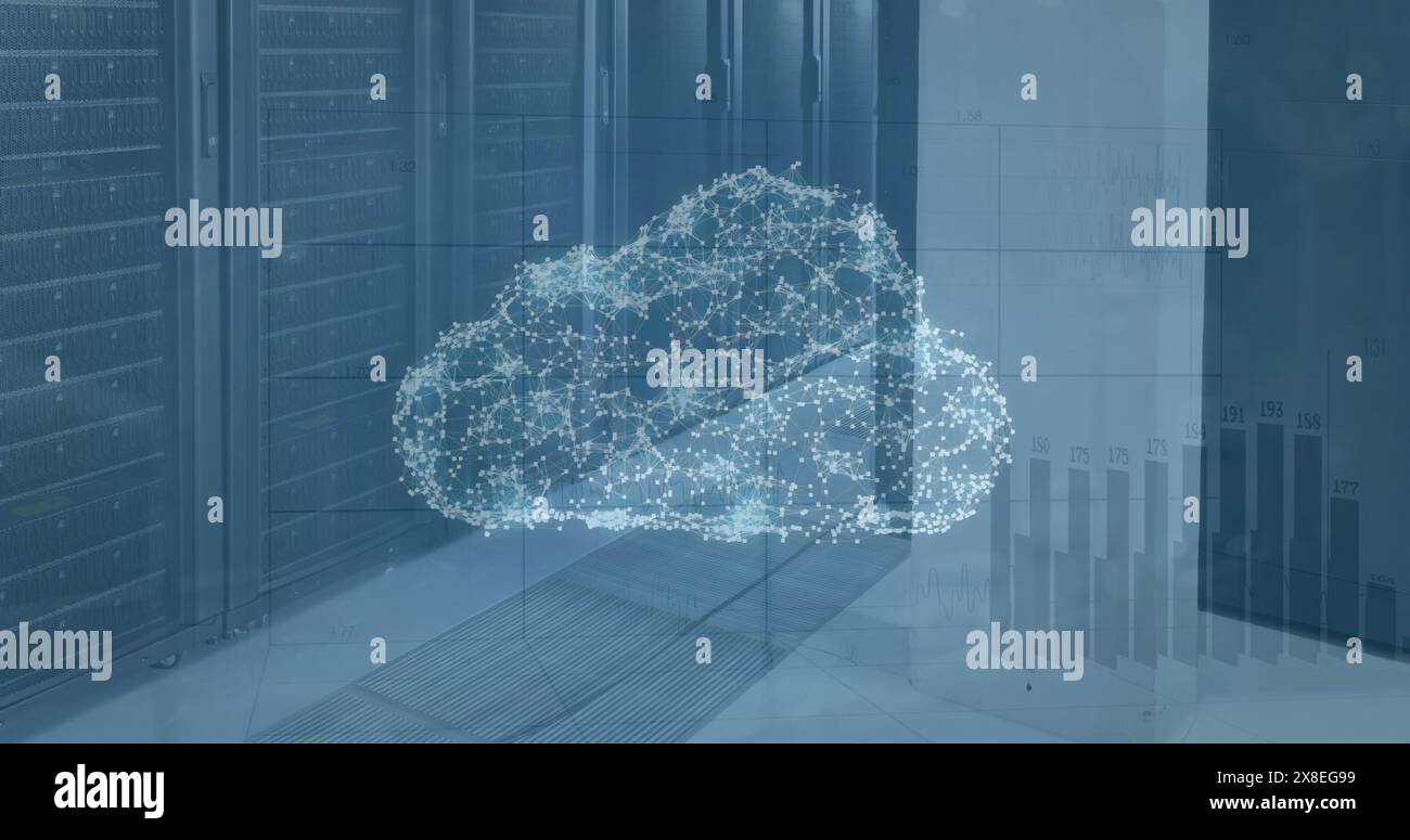 Immagine dell'icona del cloud sull'elaborazione dei dati statistici rispetto alla sala server Foto Stock