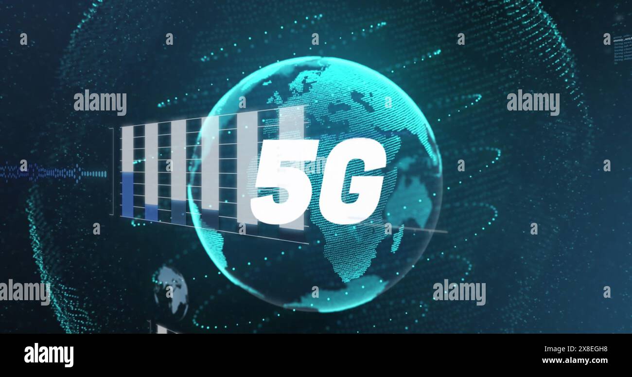 Immagine dell'elaborazione dei dati statistici e banner di testo da 5 g su globo rotante su sfondo blu Foto Stock