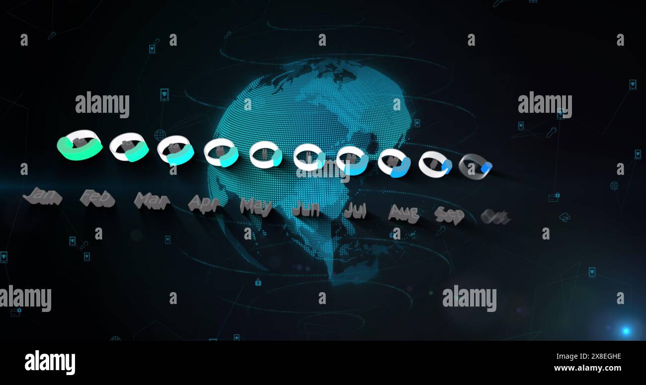 Immagine dell'elaborazione dei dati del calendario e dello spot luminoso sul globo rotante su sfondo nero Foto Stock