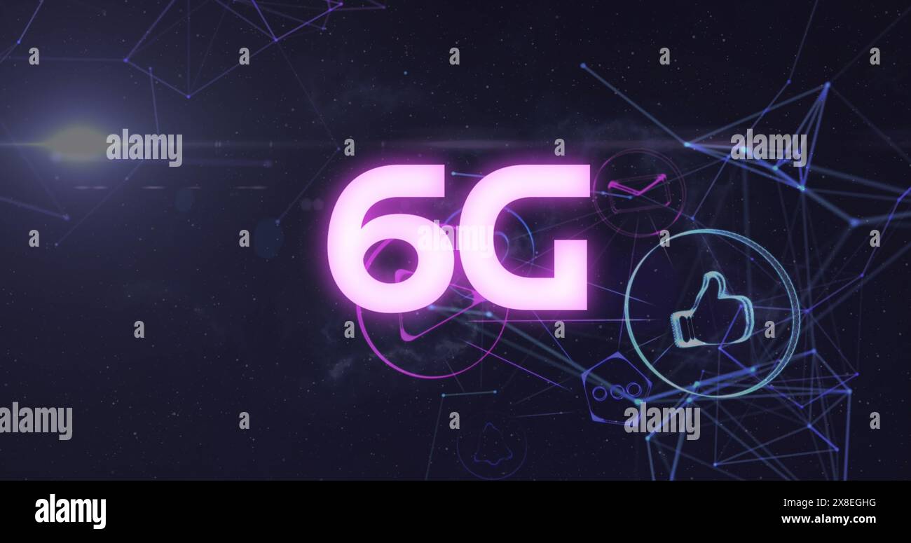 Immagine di banner di testo 6g, spot luminoso e rete di icone digitali sullo sfondo Foto Stock
