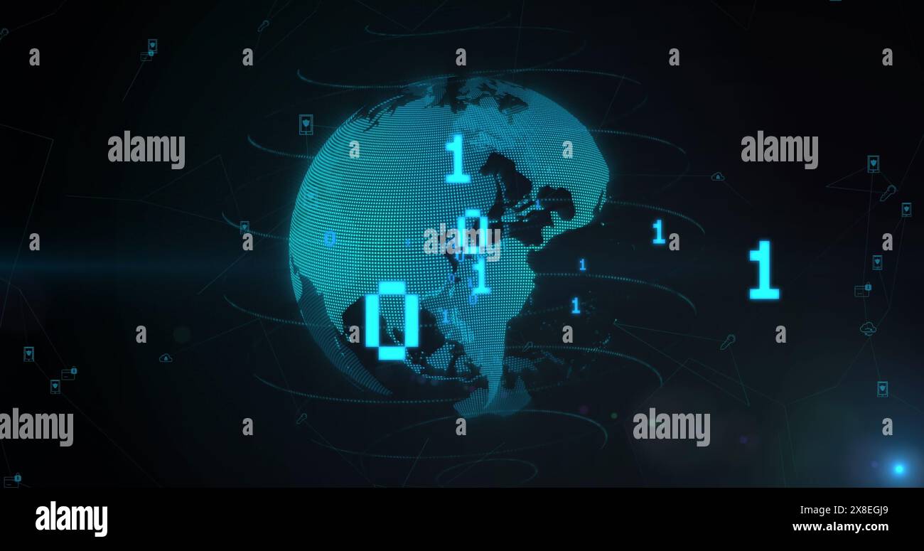 Immagine della codifica binaria e dello spot luminoso sopra il globo rotante su sfondo blu Foto Stock