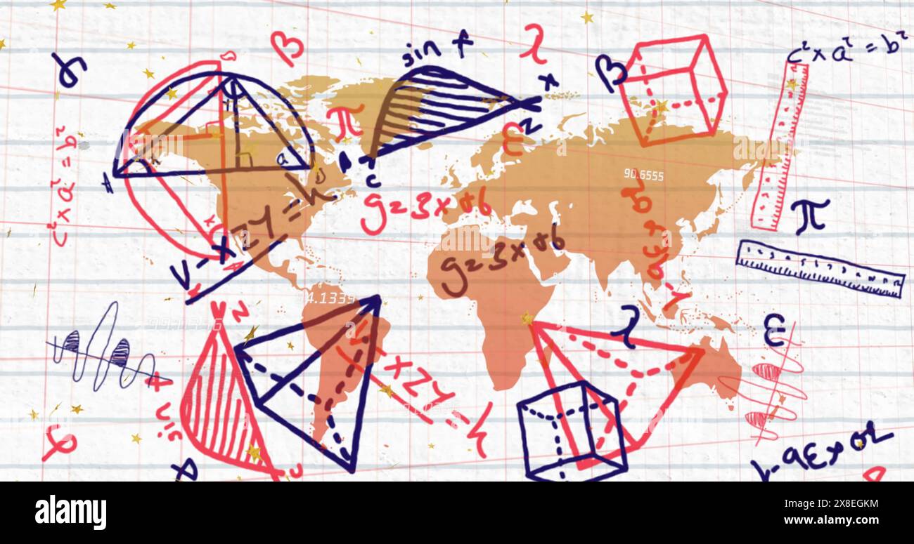 Immagine di equazioni matematiche e diagrammi con scale sulla mappa su sfondo bianco Foto Stock