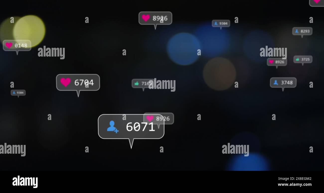 Immagine delle icone di notifica con numeri che cambiano rispetto al riflesso dell'obiettivo Foto Stock