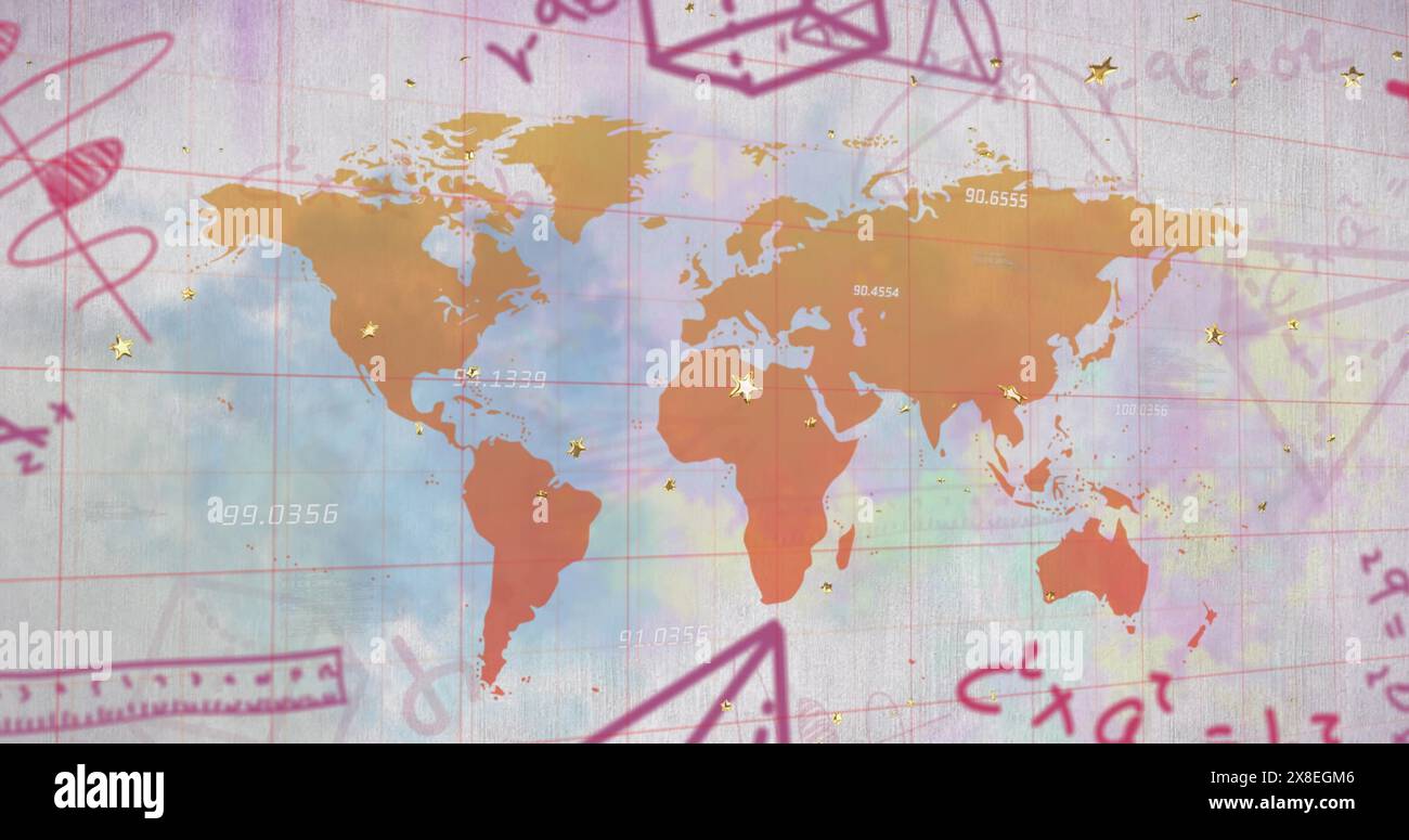Immagine di equazioni matematiche e diagrammi con forniture scolastiche sulla mappa Foto Stock
