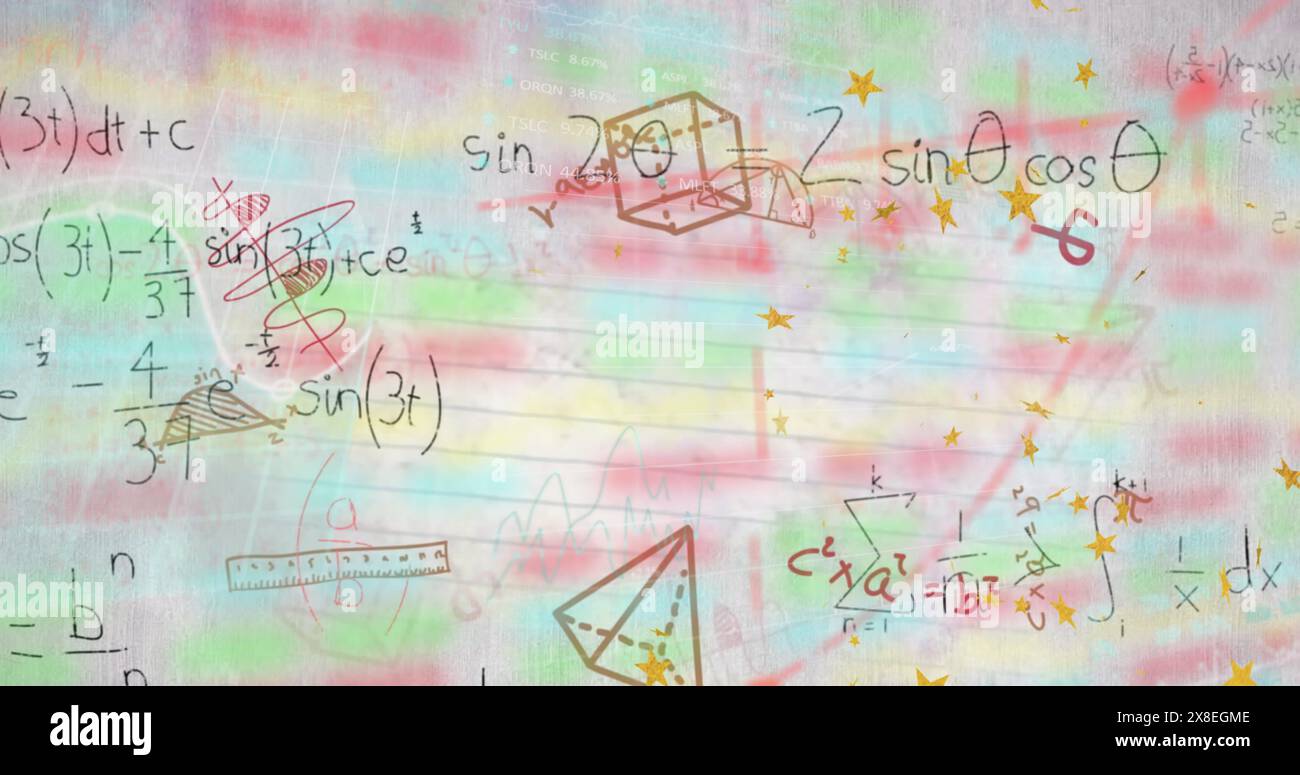 Immagine dell'equazione matematica e dei diagrammi su un trading board multicolore Foto Stock