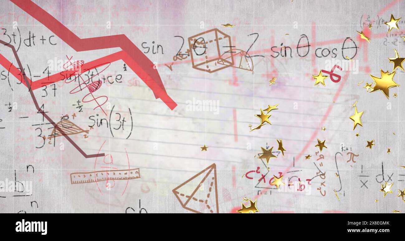 Immagine di grafici, equazione matematica e diagrammi con stelle su pagina bianca Foto Stock