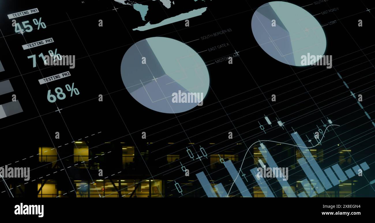 Immagine di un'interfaccia infografica multicolore su un edificio moderno sullo sfondo Foto Stock