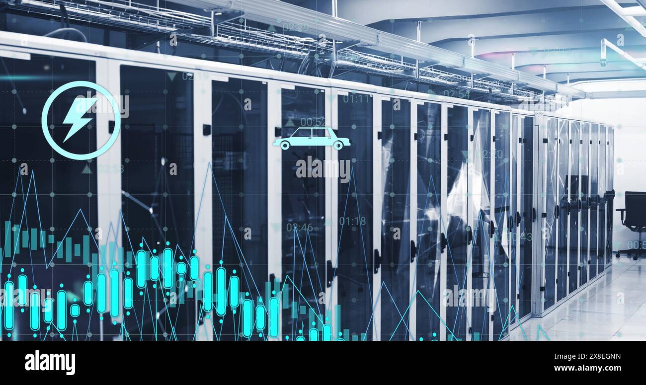 Immagine di grafici, icone e punti collegati sui rack dei server dati nella sala server Foto Stock