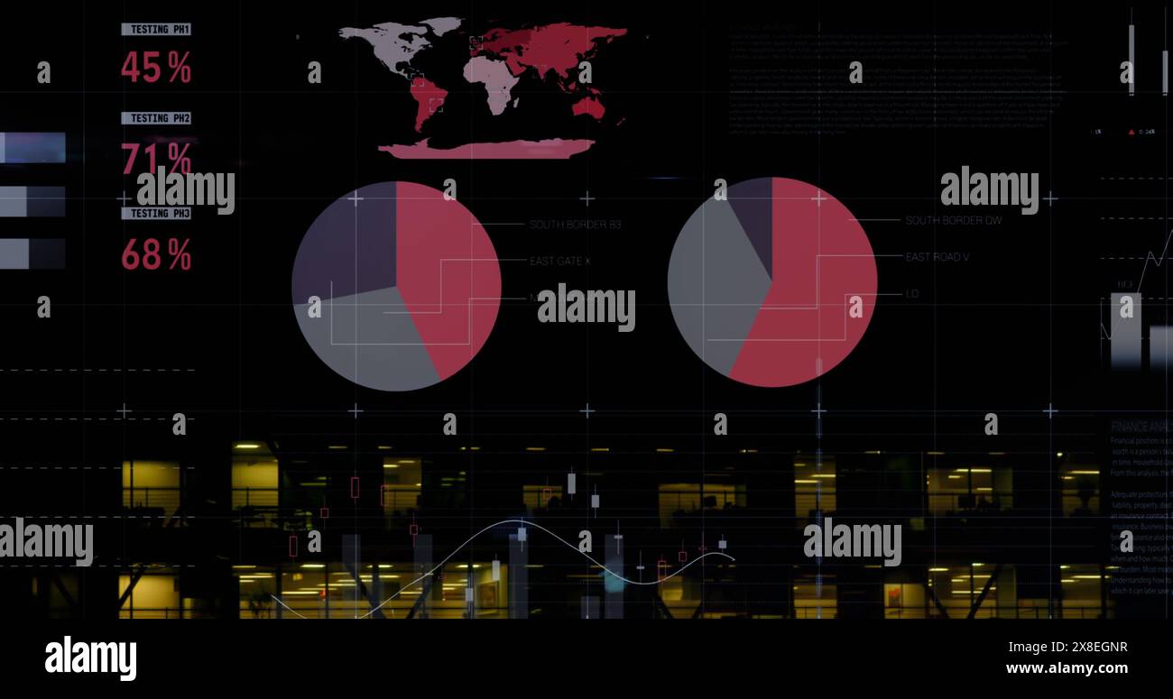 Immagine di un'interfaccia infografica multicolore su un edificio moderno sullo sfondo Foto Stock