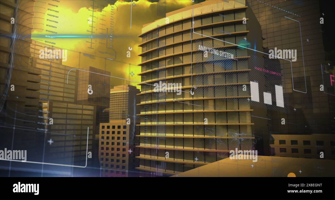 Immagine di grafici, testi e linguaggio informatico su edifici moderni contro il cielo nuvoloso Foto Stock