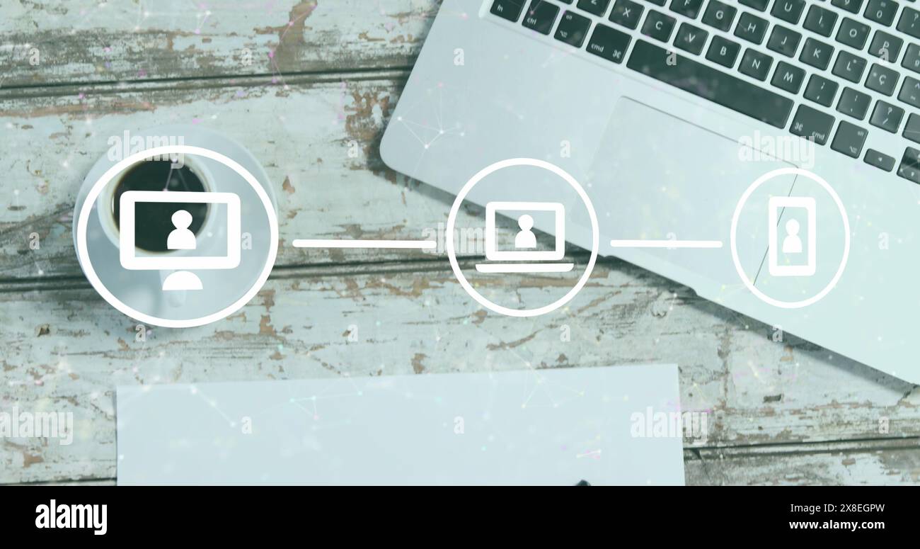 Immagine del diagramma di flusso di icone e punti collegati sopra la tazza di caffè e il computer portatile su un tavolo di legno Foto Stock