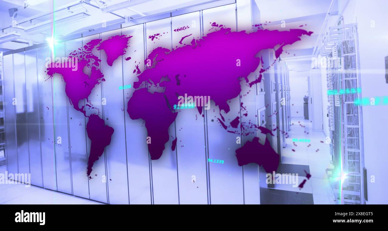 Immagine del numero e della mappa con i brillamenti dell'obiettivo nella sala server dati Foto Stock
