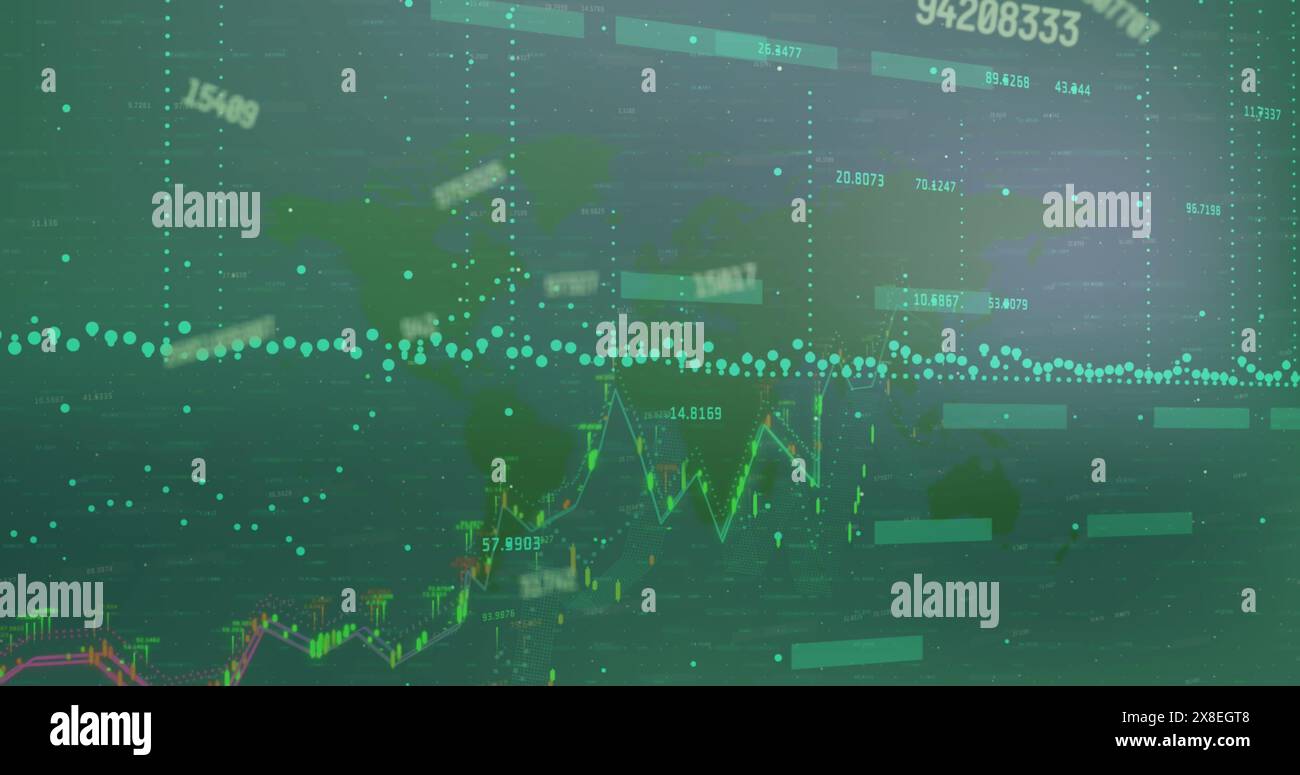 Immagine di numeri che cambiano con più grafici e mappa su sfondo astratto Foto Stock