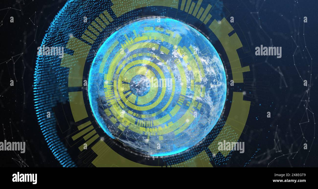 Immagine del caricamento di cerchi su punti collegati intorno ai globi sullo sfondo astratto Foto Stock