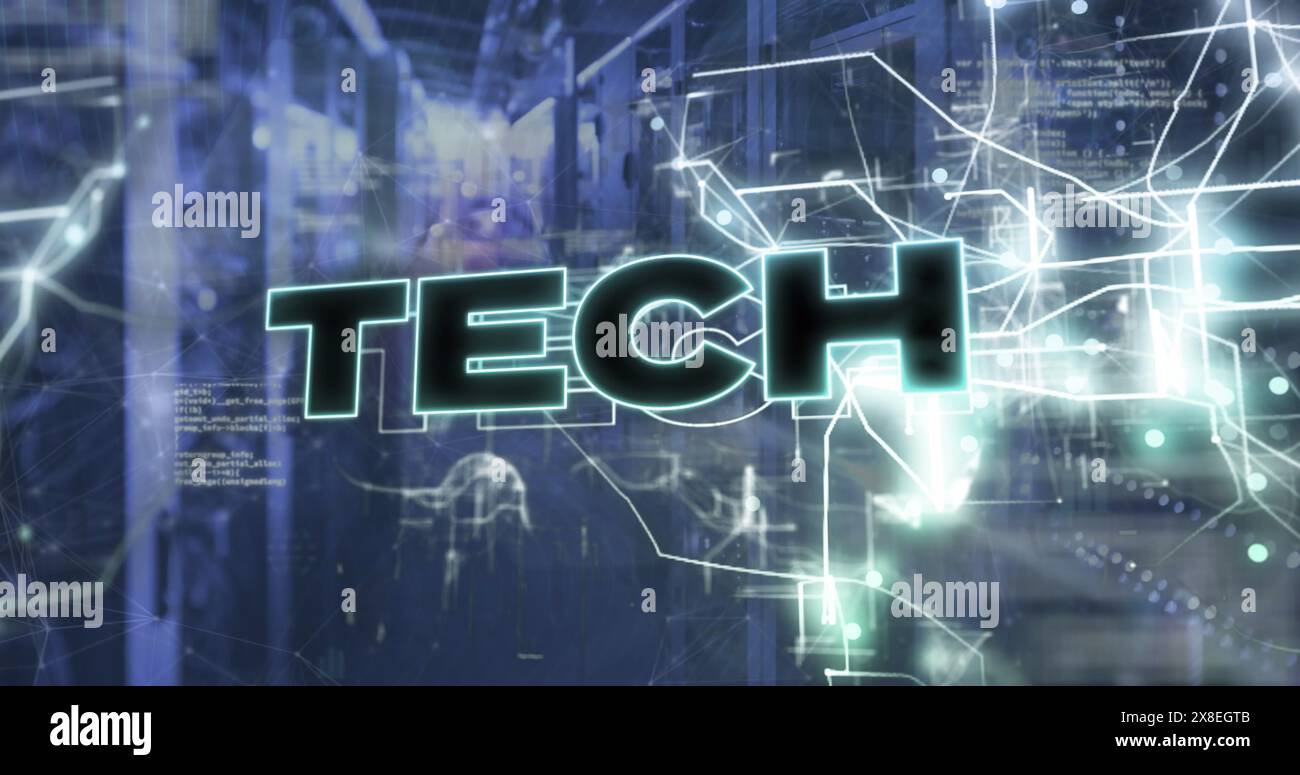 Immagine del testo tecnico con linguaggio del computer e schema di navigazione nella sala server Foto Stock