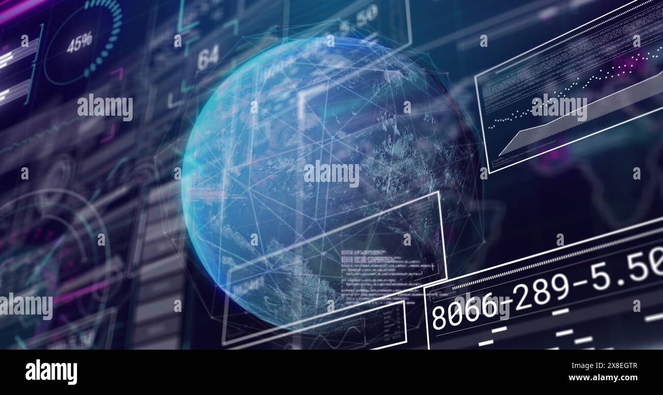 Immagine di grafici, cerchi di caricamento, barre, numeri variabili su globo su sfondo astratto Foto Stock