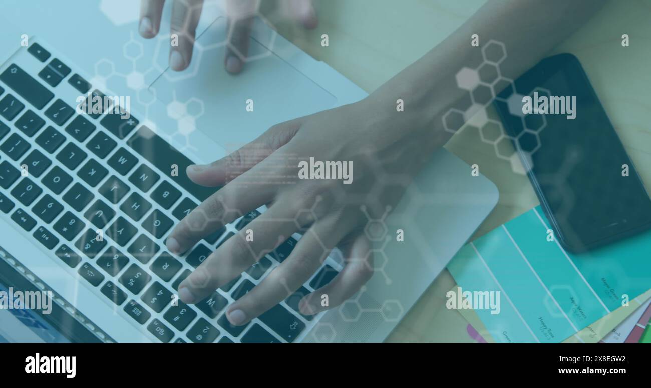 Immagine del linguaggio informatico e degli esagoni, vista dall'alto delle mani ritagliate utilizzando il computer portatile Foto Stock