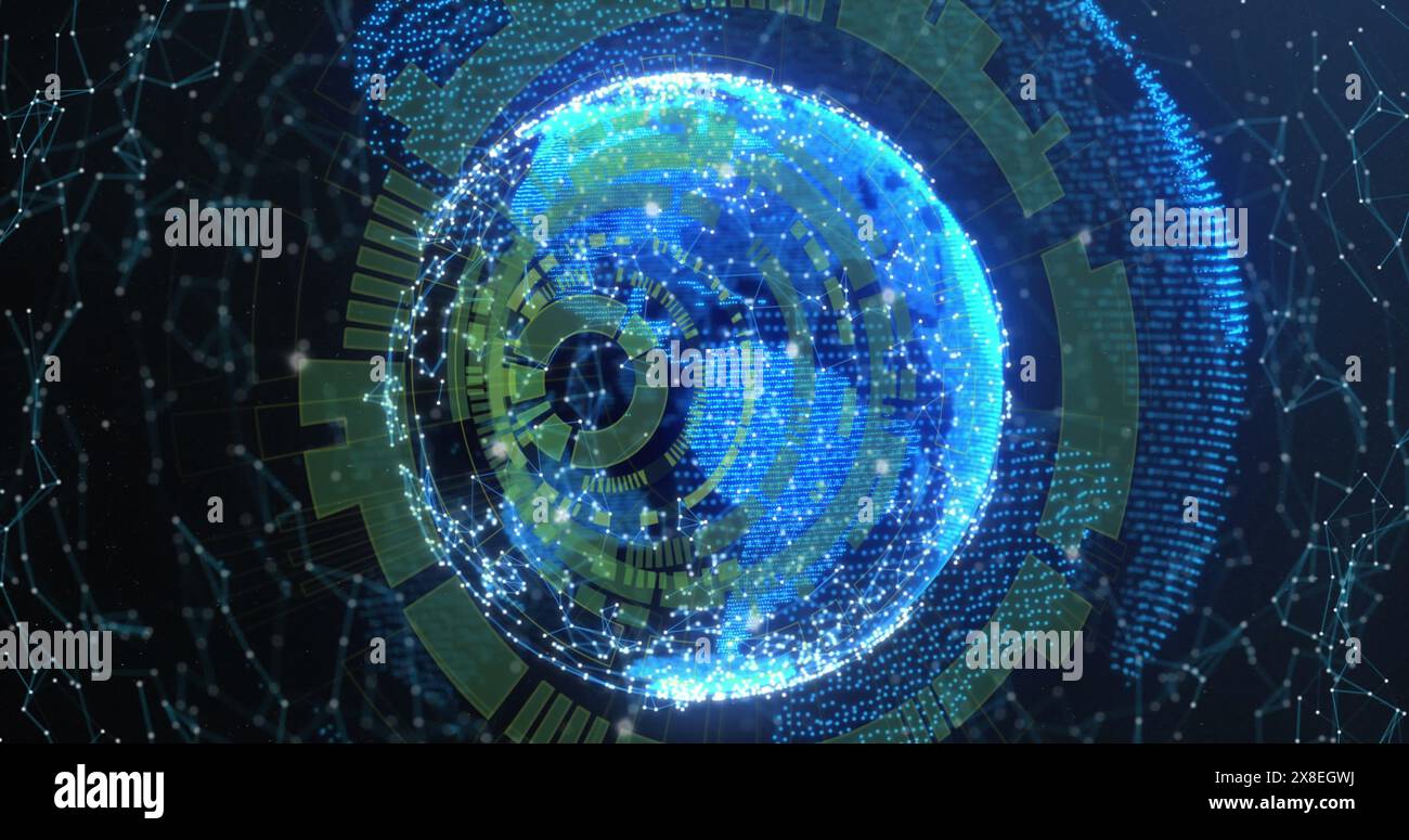 Immagine del caricamento di cerchi su punti collegati intorno ai globi sullo sfondo astratto Foto Stock