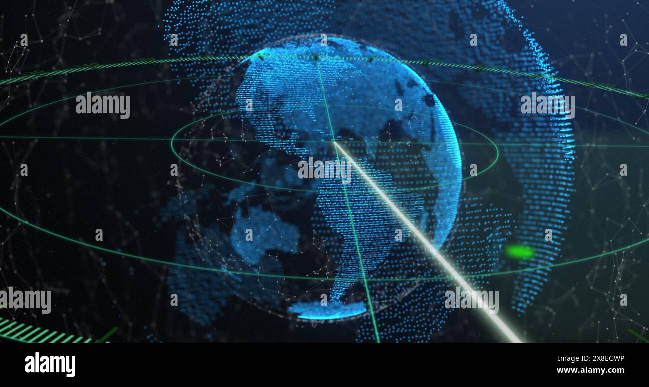 Immagine di una linea in movimento circolare sopra i punti collegati intorno ai globi sullo sfondo astratto Foto Stock