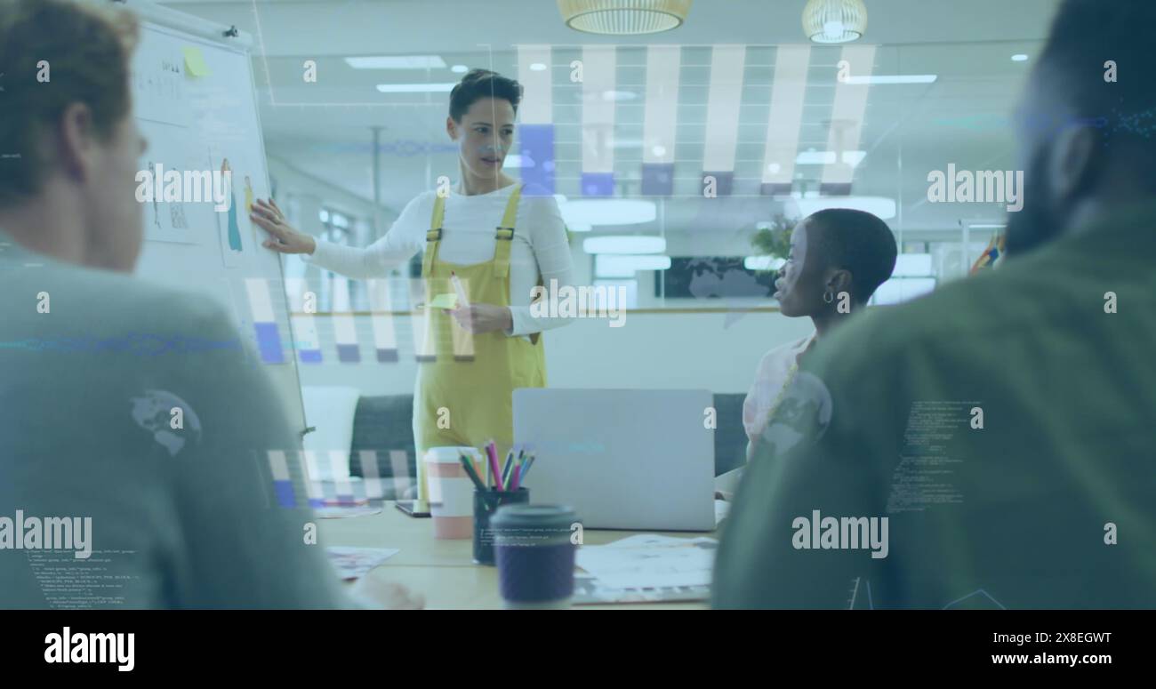 Immagine di grafici, globi, linguaggio informatico, diverse donne che spiegano il design dei tessuti ai colleghi Foto Stock